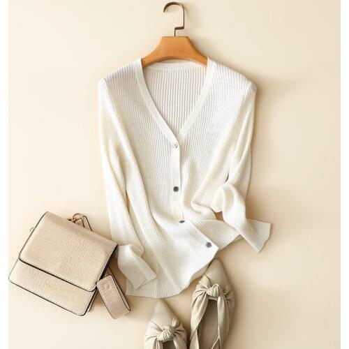 Spring autumn womens casual v neck long sleeve ribbed knit 100% cashmere cardigan