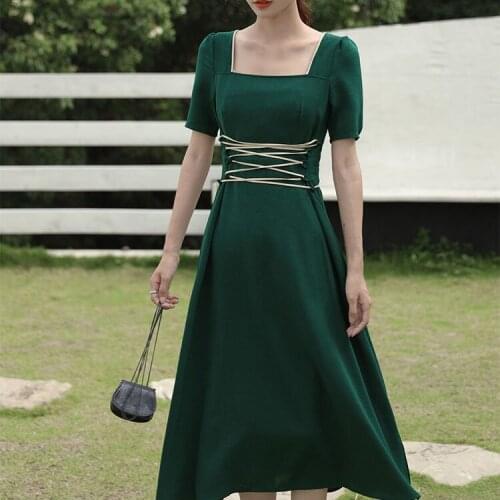 French retro forest slim waist tie dress 2021 new square collar long DRESS summer 2020 women fashion clothing