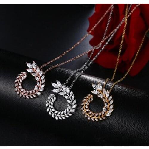 Top Quality Exquisite Mosaic CZ Leaf Olive Branch Pendant Necklace Female Fashion Dinner Gorgeous Banquet Bride Necklace Jewelry
