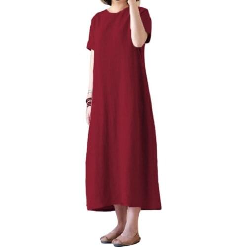 Plus Size 5xl Vintage Women Solid Color Short Sleeve Round Neck Loose Maxi Dress new