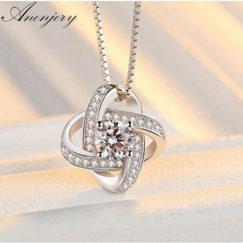 ANENJERY 925 Sterling Silver Necklace For Women Forever Heart AAA Zircon Mosaic Necklaces & Pendants Gift S-N188
