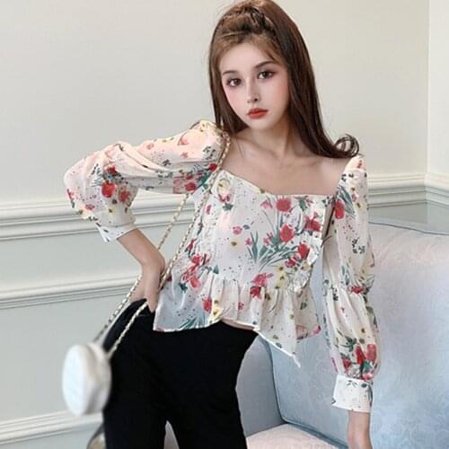 Women Blouses Liva Girl Flower Shirt Square Neck Ruffled Slim Sexy Chiffon Shirts Top White One Size Shirt Top