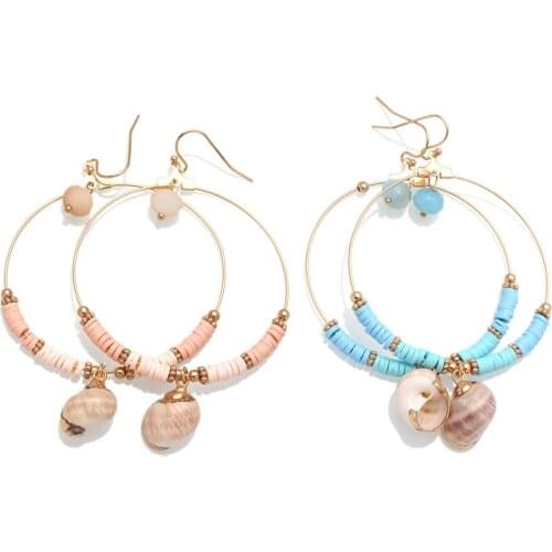 Boho Two Tone Polymer Clay Heishi Beads Sea Snail Pendant Hook Earrings Women Girl 2020 New Fashion Crystal Cowrie Beach Jewelry