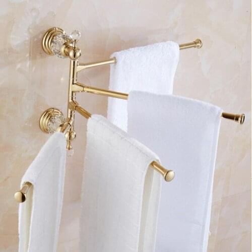 180 Degree Rotating Gold Crystal Towel Bars Brass Towel Holder 30cm Wall Mounted Swivel Towel Holder Bathroom Accessories