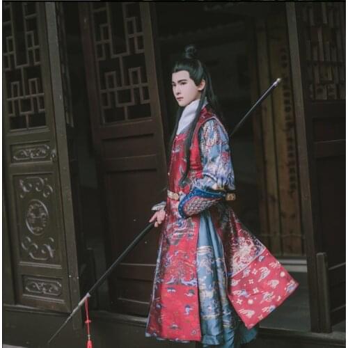 Hanfu Long Vest Men Women Ancient Chinese Hanfu Coat Halloween Warrior Cosplay Costume Hanfu Black Red Purple BlueFor Men Women