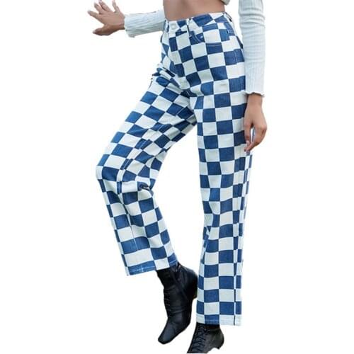 Fashion Spring Autumn Women Straight Leg Jeans CA Blue White Plaid High Waist Jeans Lady Casual Pantalon Leg Denim Pants