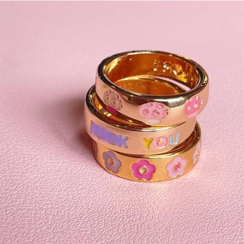 New Ins Simple Brass Gold Plated Mushroom Ring Vintage Colorful Drop Oil Heart Letter Rings For Women Girls Fashion Jewelry Gift