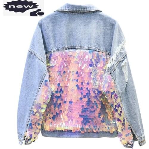 Boyfriend Style Women Loose Batwing Sleeve Casual Streetwear Bling Sequined Hip Hop Denim Jacket Ripped Student Girl Coat