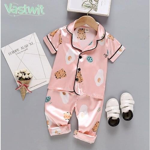 Kid Pajama Sets Silk Satin Pajamas Baby Boys Girls Clothing Sets Pyjamas Cartoon Print Short Sleeve Blouse Tops+Pants Sleepwears