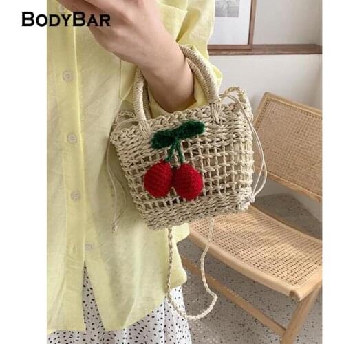 Summer Cute Girl Shoulder Bag Fashion Cherry Straw Messenger Bag Kid Coin Key Purse Bags Princess Mini Handbag Lady Shoulder Bag