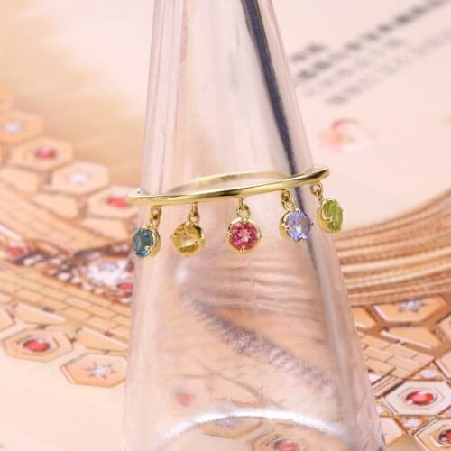 UBESTNICE Trendy Pure 9K Gold Candy Colorful Rainbow Topaz Amethyst Natural Crystal Tassel Rings Fine Jewelry For Women Gift