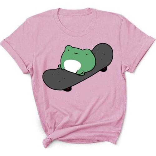 Cartoon Cute Skateboard Frog Pattern Printed Short Sleeve Round Neck Color T-shirt Women Clothing Harajuku Tops for Women