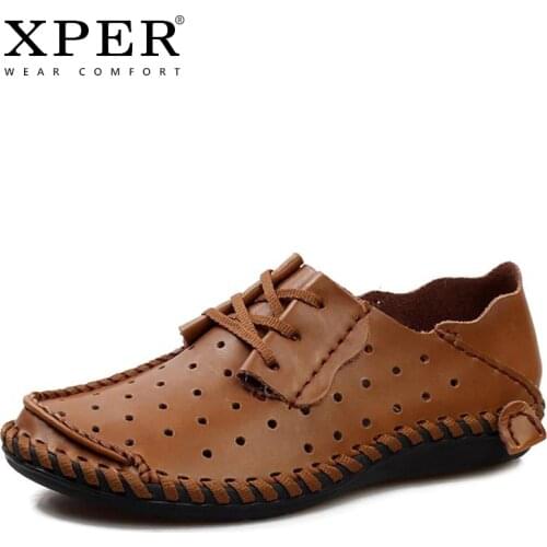 XPER Brand Men Loafer Breathable Anti-slip Lace-up Leather Casual Shoes Male Handmade Driving Footwear Black Fisherman #XP041