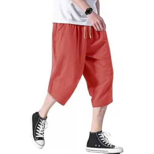Men Loose Cropped Trousers Casual Trend Shorts Deep Pockets Plus Size Solid Color Male High Street Clothes 2021 Summer