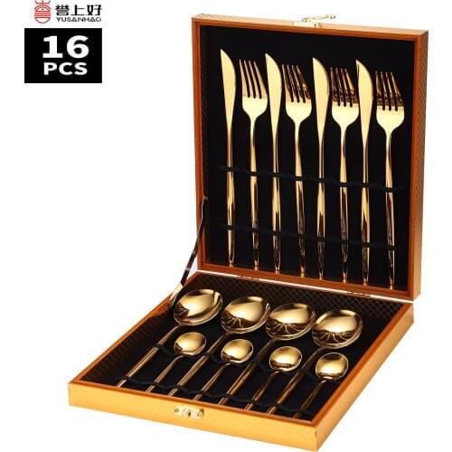 16Pcs Food Stainless Steel Dinnerware Set Gold Cutlery Spoon Fork Knife Western Cutleri Silverware Spoons Tableware Set Supplies