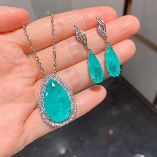 Par Green Paraiba Big Water Drop 925 Silver Jewelry Female Earrings Pendant Set Womens Gifts Couple Gifts Charm Gem Jewelry