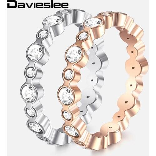 Couples Wedding Band Ring Stainless Steel Rose Gold Silver Color Iced Out CZ Rings for Women Men Wave Shaped Gift 4mm LRKM44