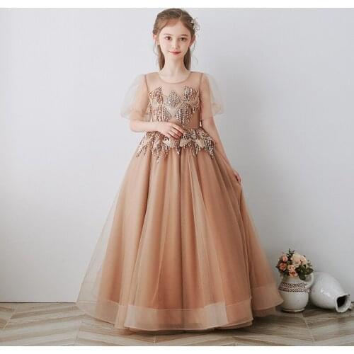 Flower Girls Dresses Princess O-Neck Sequined Ruched Ball Gown Floor-Length Luxury Tulle Tiered Embroidery Kids Party Dress D248
