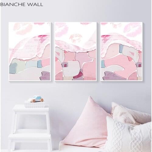 Pink Lip Print Abstract Geometric Pattern Line Canvas Painting Scandinavian Style Poster Decorative Picture Nordic Decoration