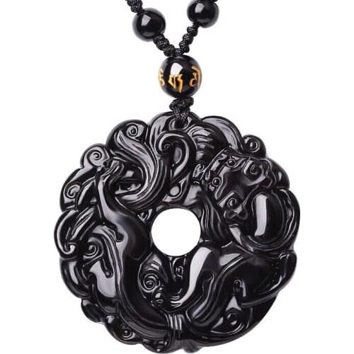 Drop Ship Obsidian Ancient Dragon Necklace Circle Jade Pendant Lucky Pendant With Beads Chain Jade Jewelry