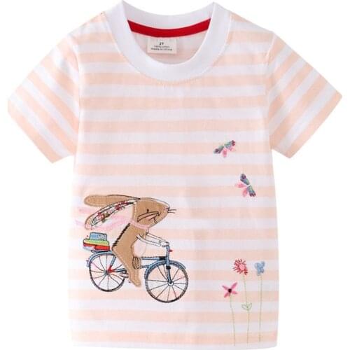 Jumping Meters New Stripe Girls T shirts Cotton Animal Embroidery Kids Summer Tees Fashion Bike Toddler Tops Children Clothes