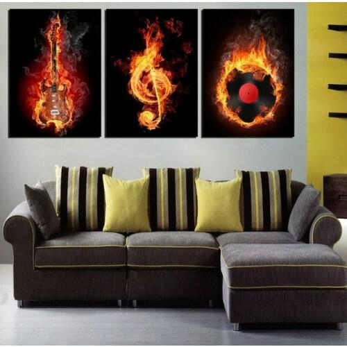 Framed art 3 panel hot fire painting painting wall combustion musical instruments article on canvas wall art painting free shipp