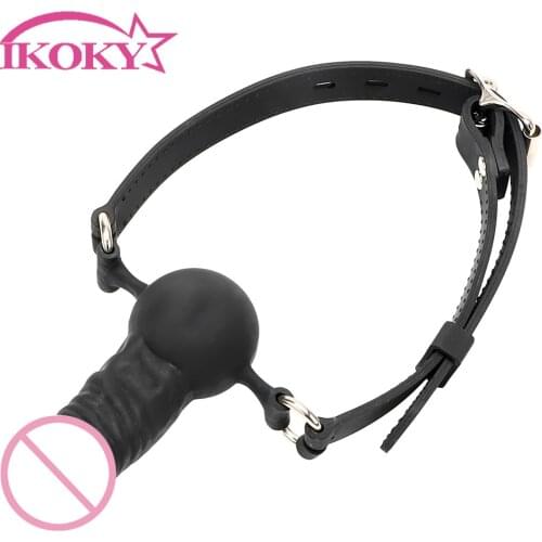 IKOKY Sex Toys for Couples Dildo Mouth Gag Oral Fixation Silicone SM Bondage Erotic Toys with Locking Buckles Slave Penis Gag