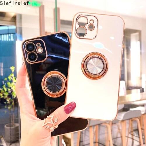 Luxury Plating Soft Silicone Case For iPhone 12 11 Pro Max Mini XS XR X 7 8 Plus SE 2020 Phone Ring Holder Cover Girl Women Lady