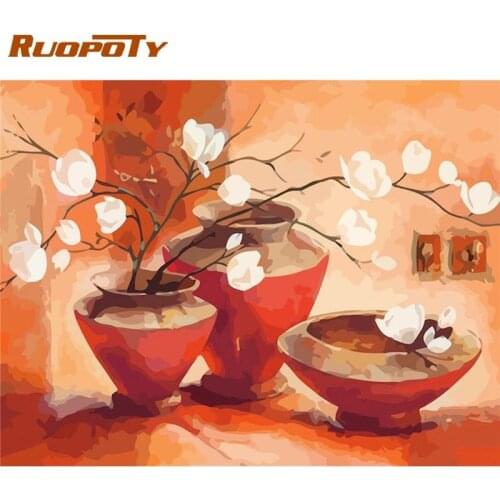 RUOPOTY 60x75cm Frame Oil Picture By Numbers HandPainted White Flower In Pot Painting By Number HandPainted Home Decorations