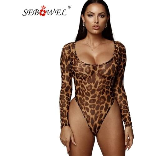 SEBOWEL 2020 Leopard Print Long Sleeve Bodysuit Woman O-neck Sexy Sheer Mesh Bodycon Bodysuits Jumpsuits Female Club Body Tops
