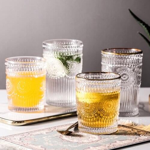 Retro Sun Flower Glass Mug Gold Rim Glass Water Cup Milk Tea Coffee Cup Cocktail Glass Crystal Transparent Mug Drinkware