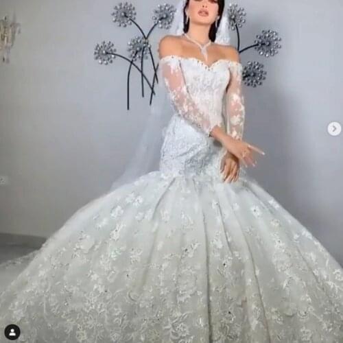 Mermaid wedding dresses 2021 off the shoulder lace appliques flowers crystal pearls beaded evening dresses gowns