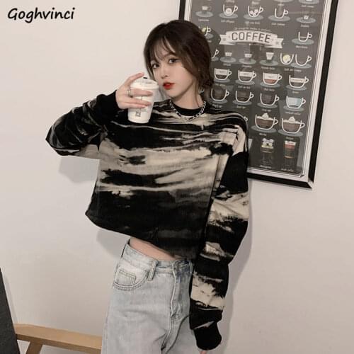 T-shirts Women Long Sleeve High Street Cool Crop Top Tie Dye Female Clothing Loose Harajuku Shirring Trendy Unisex O-neck Casual