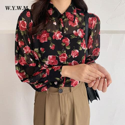 WYWM Vintage Floral Printed Blouse Women Casual Button Long Sleeve Female Shirts Loose Streetwear Turn Down Collar Ladies Tops