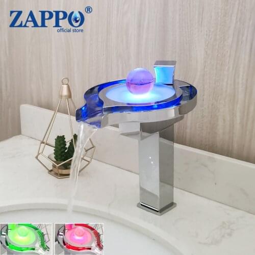 ZAPPO Bathroon Basin Faucet Solid Brass LED Light Waterfall Spout Wash Sink Mixer Chrome Tap Hot & Cold Water Mixer Faucets
