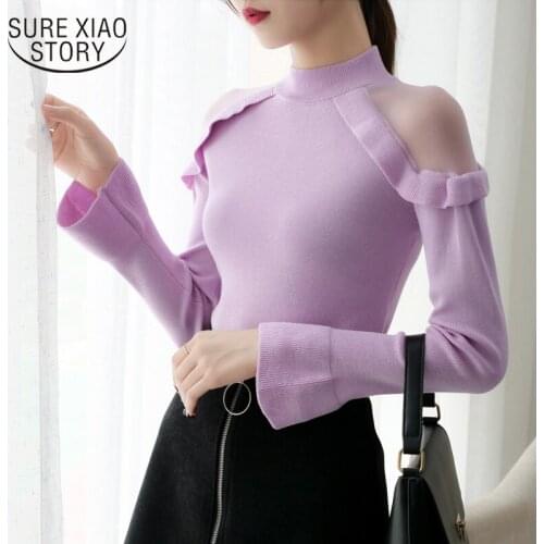 Korean Autumn Women Sweaters Turtleneck Flare Sleeve Off Shoulder Ruffles Sweater 2021 New Fashion Slim Pull Femme 6387 95