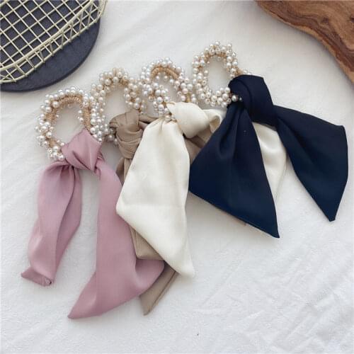 Pearls Solid Color Bows Ribbon Hair Ties Country Style Floral Print Elastic Hair Rubber Bands for Women Girls Ponytail Holder