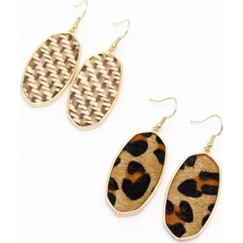 ZWPON 2019 New ZA Corner Straw Oval Drop Earrings for Women Fashion Designer Gold Frame Oval Leather Earrings Jewelry Wholesale