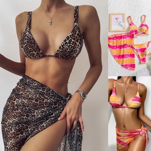 Women New Apron Bikini 3 piece Swimsuit Sexy Gathered Swimwear Leopard Print Bikini Set Bathing Suit Beachwear Swimming Suit