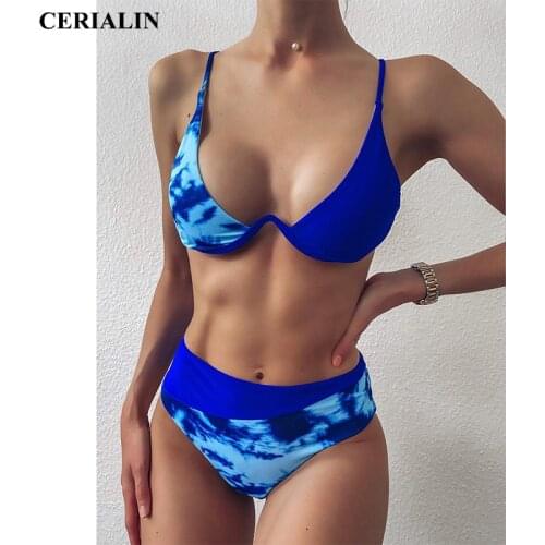 Sexy Split Swimsuit Bikini Women Swimwear Tie-dye Steel Support Bikini Set Beachwear Female Deep-V-Neck Push Up Bathing Suit