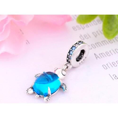 Authentic 925 Silver Blue Glass Sea Animal Turtle Bead Fit Original Pan Charm Bracelet For Making Women Summer Berloque 2020