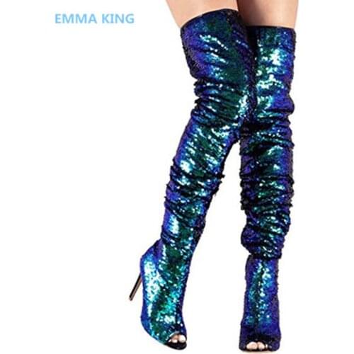 Botas Mujer 2018 Fashion Women Over Knee Boots Glitter Bling Party Dance Shoes High Heels Summer Roman Sandals Woman Long Boots