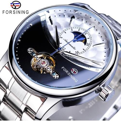 Forsining Business Mens Automatic Watch Moonphase Clock Tourbillon Waterproof Mechanical Steel Band Wristwatch Relogio Masculino