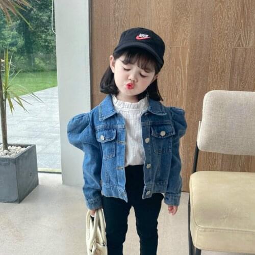 Girl Spring Jeans Jackets Girls Long Sleeve Denim Coat Kids Puff Sleeve Jackets Girls Coat Single Breasted Children Outwear 2-7T