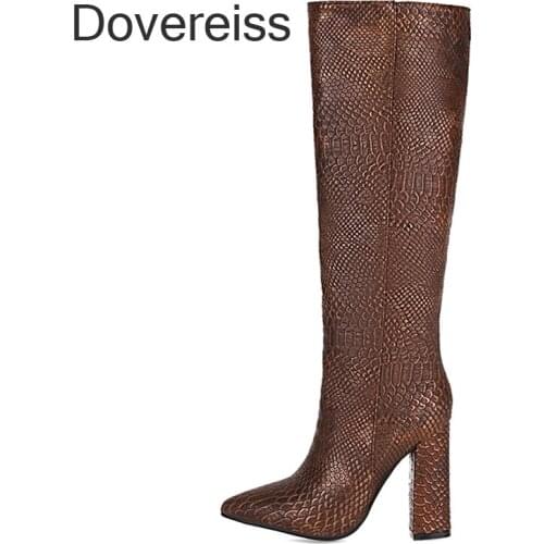 Dovereiss Fashion Shoes For Woman Winter Pure Color Red Brewn Pointed Toe Sexy Block Heels Knee High Boots Elegant Mature 42 43