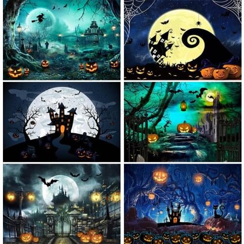Halloween Backdrop Pumpkin Lantern Night Bat Moon Photography Background Family Party Decoration Props Banner for Photo Studio