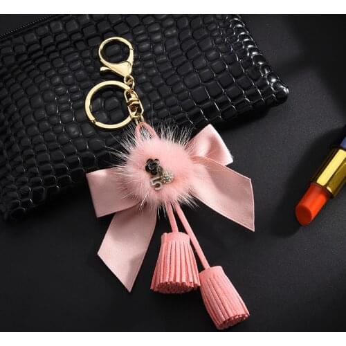 Hot Sale Fashion Korean Velvet Tassel 5 Word Bow Keychain Mink Fur Ball Tassel Pendant Car Bag Accessories Keyring Key Chains