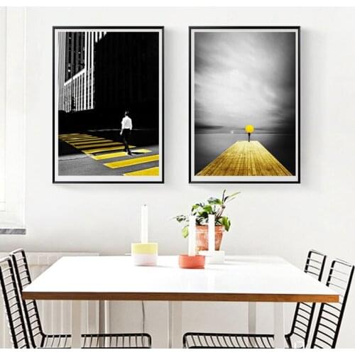 Nordic oil painting retro European city landscape picture home decoration wall art yellow balloon poster and print bedroom