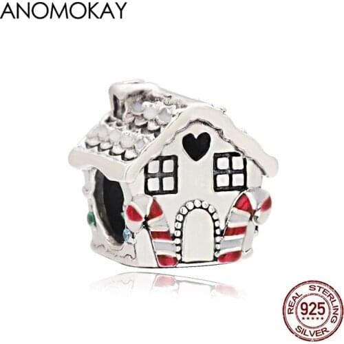 Anomokay Classic Christmas Series Red & Green Enamel Xmas House Silver Charm for DIY Christmas Gift 925 Silver Jewelry Decor