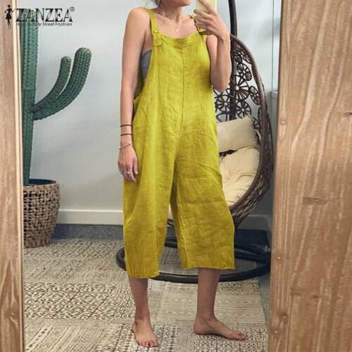 Plus Size ZANZEA 2021 Summer Women Bib Overalls Cotton Linen Rompers Loose Casual Long Jumpsuits Solid Strappy Dungarees Pants